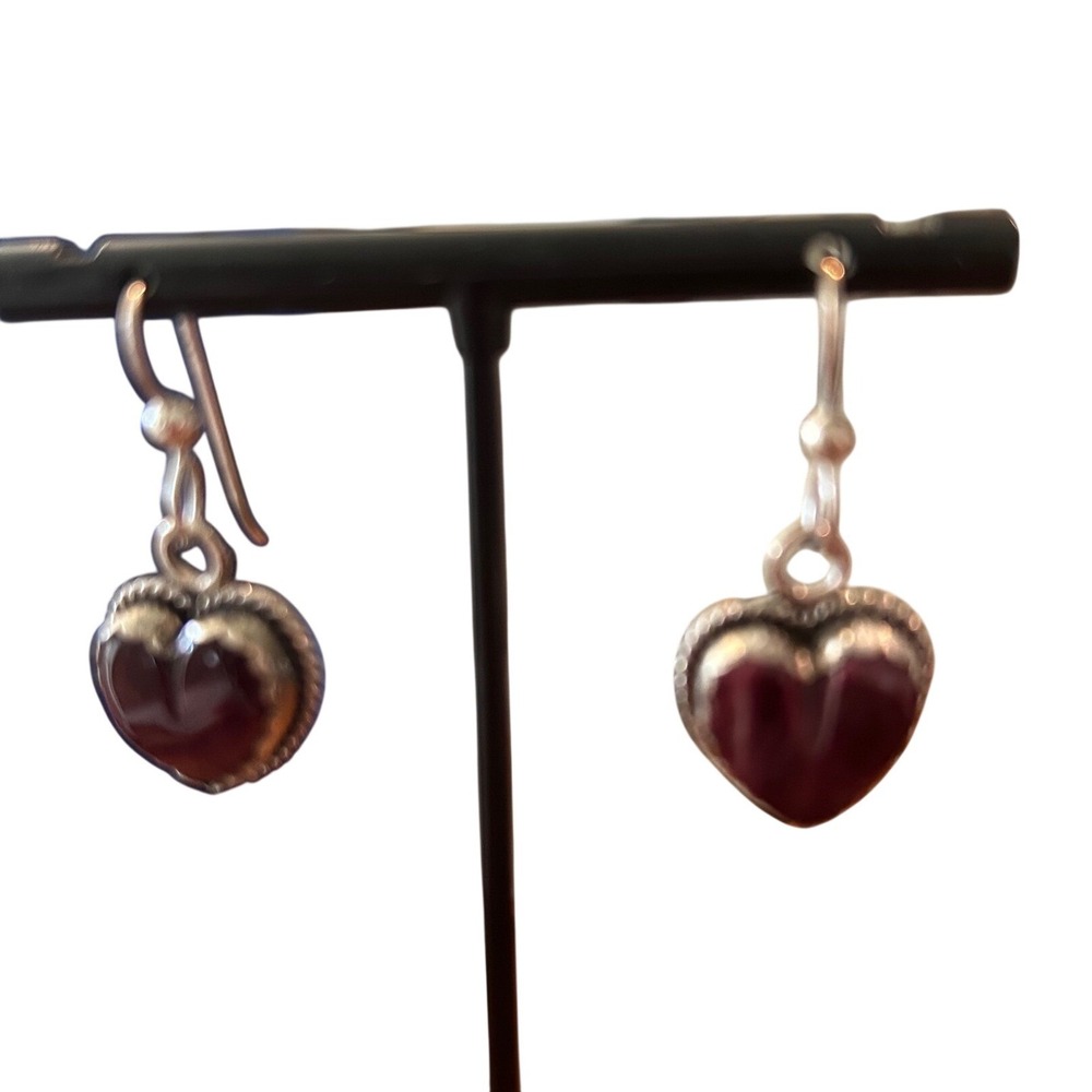 Joan Slifka Sterling Silver Plum Carved Heart Dangle Earrings Signed Hallmarked - Picture 5 of 10